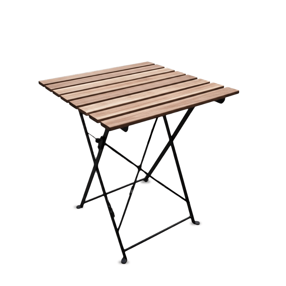 Wooden folding table with metal legs on a white background