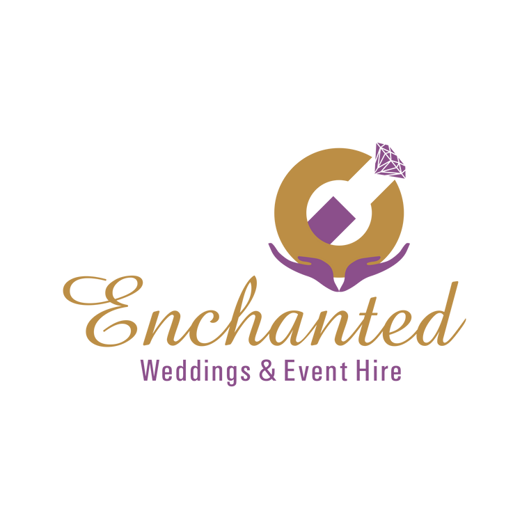 Logo of Enchanted Weddings & Event Hire with a gold and purple design on a white background